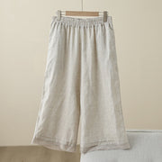 Buddha Stones Commute Retro Plain Lace Patchwork Design 7-8 Length Women's Wide Leg Cotton Pants With Pockets