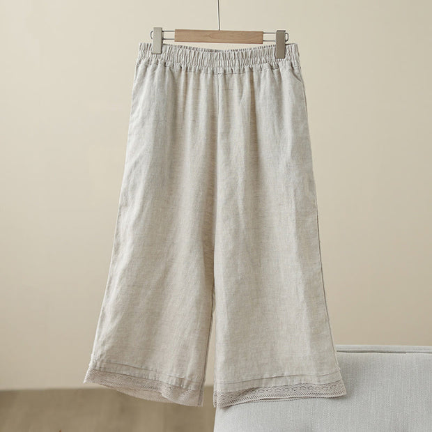 Buddha Stones Commute Retro Plain Lace Patchwork Design 7-8 Length Women's Wide Leg Cotton Pants With Pockets