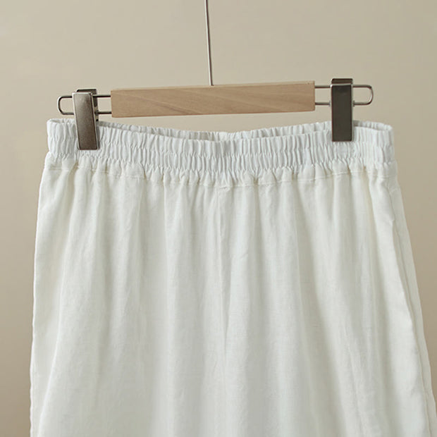 Buddha Stones Commute Retro Plain Lace Patchwork Design 7-8 Length Women's Wide Leg Cotton Pants With Pockets