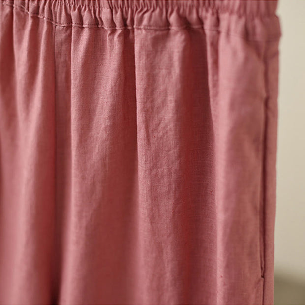 Buddha Stones Commute Retro Plain Lace Patchwork Design 7-8 Length Women's Wide Leg Cotton Pants With Pockets