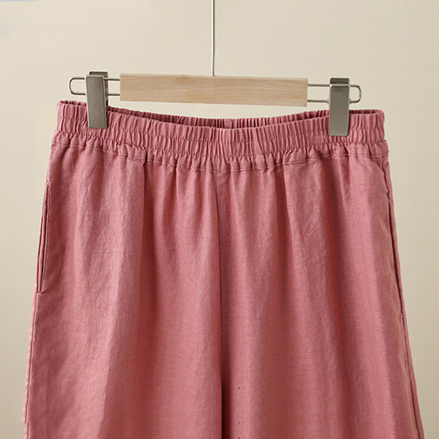 Buddha Stones Commute Retro Plain Lace Patchwork Design 7-8 Length Women's Wide Leg Cotton Pants With Pockets
