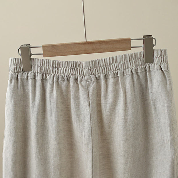Buddha Stones Commute Retro Plain Lace Patchwork Design 7-8 Length Women's Wide Leg Cotton Pants With Pockets