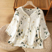 Buddha Stones Plant Printed V-neck Button Design Women's Polyester Three Quarter Sleeve Shirt Cardigan