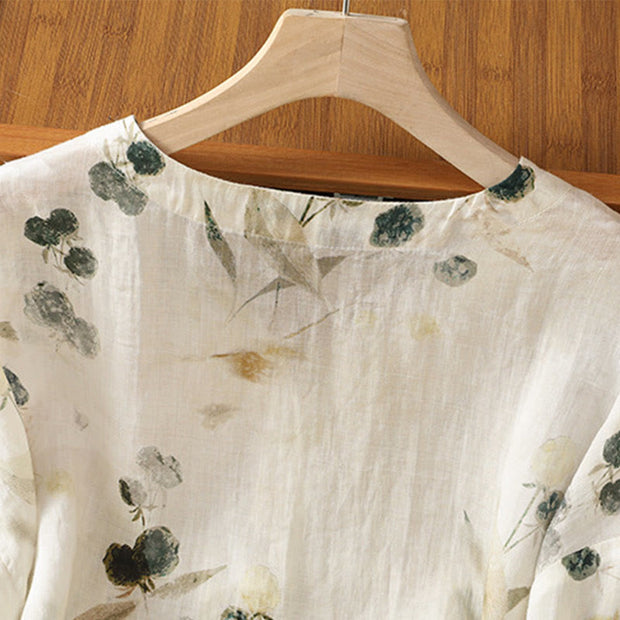 Buddha Stones Plant Printed V-neck Button Design Women's Polyester Three Quarter Sleeve Shirt Cardigan