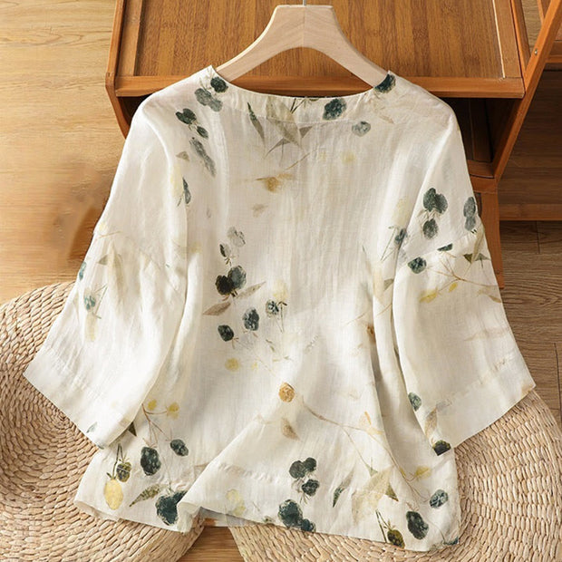 Buddha Stones Plant Printed V-neck Button Design Women's Polyester Three Quarter Sleeve Shirt Cardigan