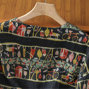 Buddha Stones Plant Printed V-neck Button Design Women's Polyester Three Quarter Sleeve Shirt Cardigan