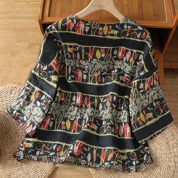 Buddha Stones Plant Printed V-neck Button Design Women's Polyester Three Quarter Sleeve Shirt Cardigan