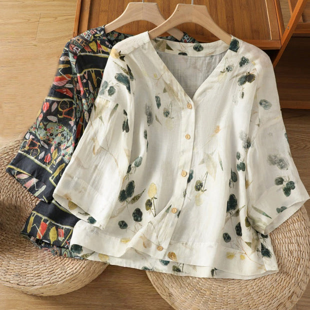 Buddha Stones Plant Printed V-neck Button Design Women's Polyester Three Quarter Sleeve Shirt Cardigan