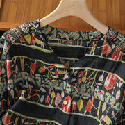 Buddha Stones Plant Printed V-neck Button Design Women's Polyester Three Quarter Sleeve Shirt Cardigan