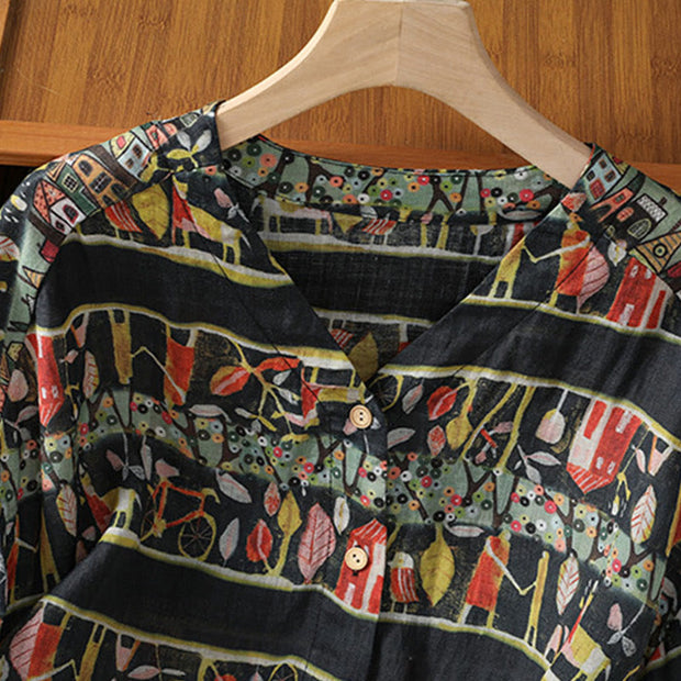 Buddha Stones Plant Printed V-neck Button Design Women's Polyester Three Quarter Sleeve Shirt Cardigan