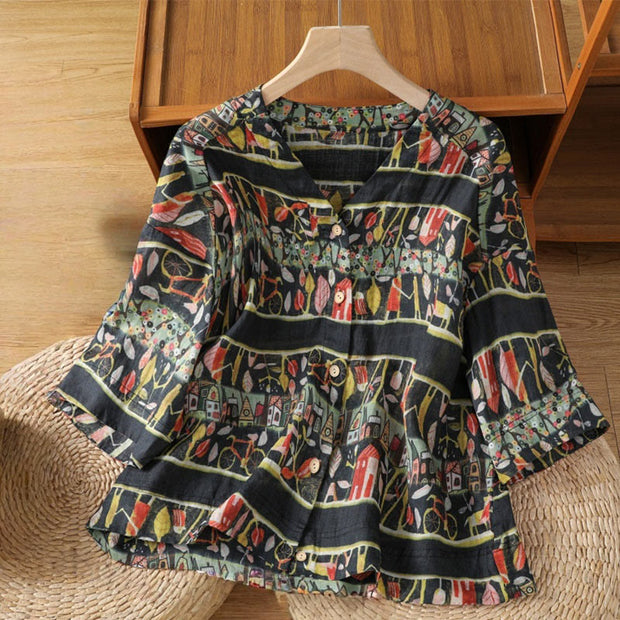 Buddha Stones Plant Printed V-neck Button Design Women's Polyester Three Quarter Sleeve Shirt Cardigan
