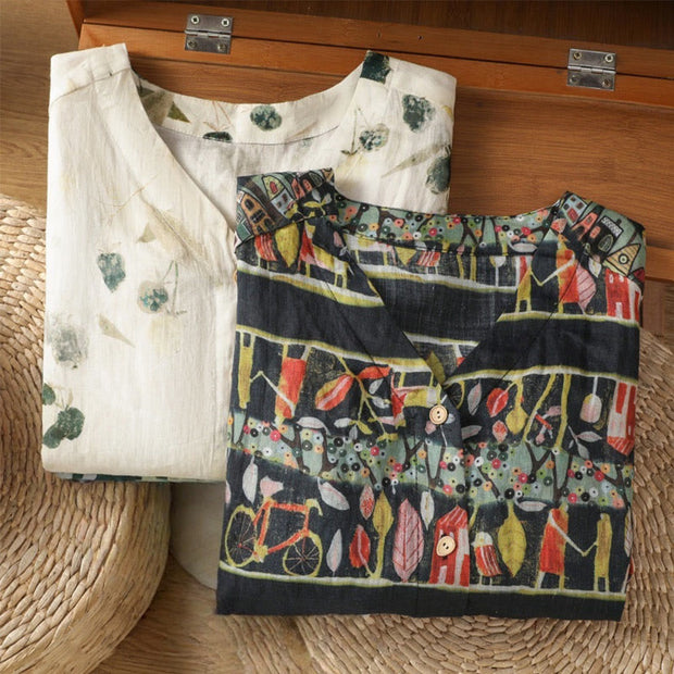 Buddha Stones Plant Printed V-neck Button Design Women's Polyester Three Quarter Sleeve Shirt Cardigan