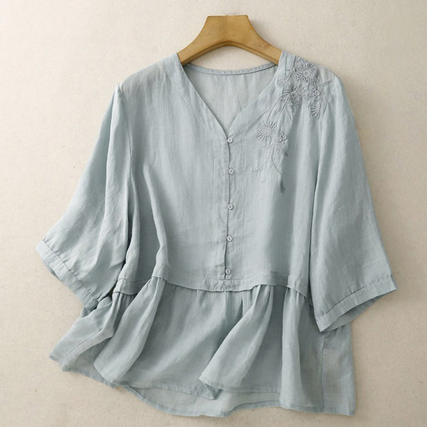 Buddha Stones Embroiderd Front Button Design Women's Cotton Three Quarter Sleeve Shirt