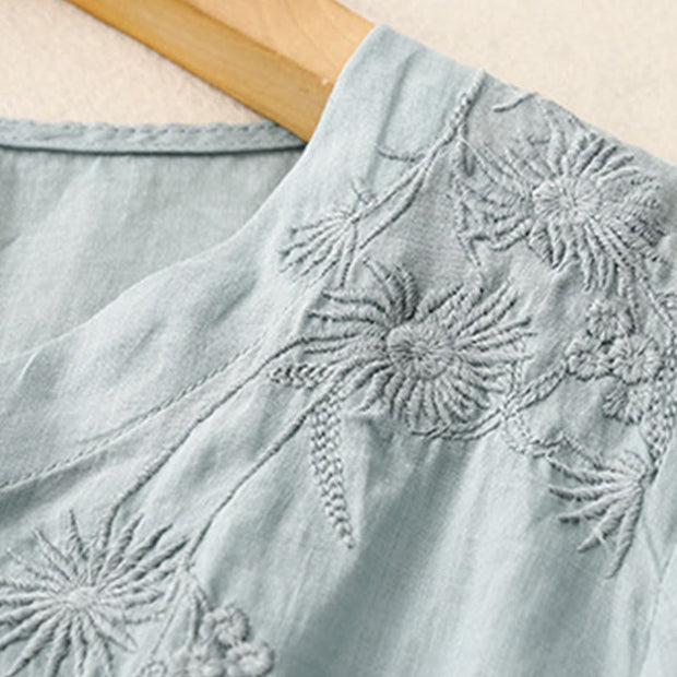 Buddha Stones Embroiderd Front Button Design Women's Cotton Three Quarter Sleeve Shirt