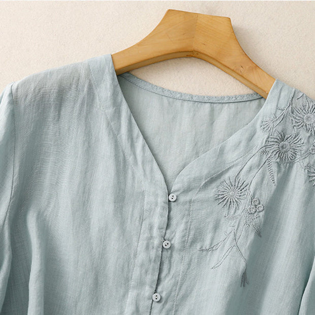 Buddha Stones Embroiderd Front Button Design Women's Cotton Three Quarter Sleeve Shirt