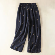Buddha Stones MidnightBlue Commute Casual Dandelion Pattern Women's Wide Leg Cotton Linen Pants
