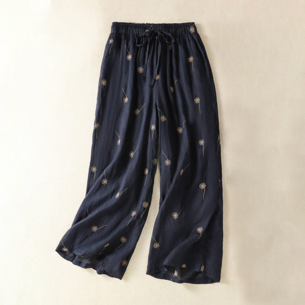 Buddha Stones MidnightBlue Commute Casual Dandelion Pattern Women's Wide Leg Cotton Linen Pants