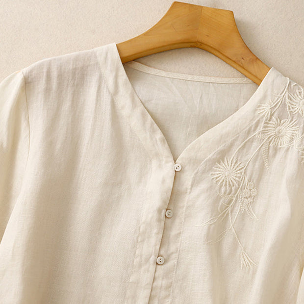Buddha Stones Embroiderd Front Button Design Women's Cotton Three Quarter Sleeve Shirt