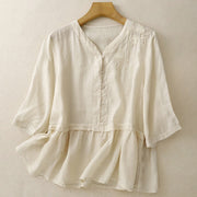 Buddha Stones Embroiderd Front Button Design Women's Cotton Three Quarter Sleeve Shirt