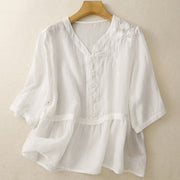 Buddha Stones Embroiderd Front Button Design Women's Cotton Three Quarter Sleeve Shirt