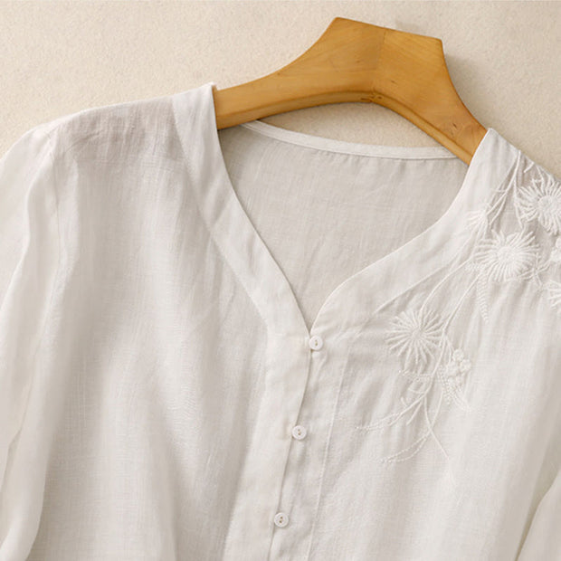 Buddha Stones Embroiderd Front Button Design Women's Cotton Three Quarter Sleeve Shirt