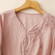 Buddha Stones Embroiderd Front Button Design Women's Cotton Three Quarter Sleeve Shirt
