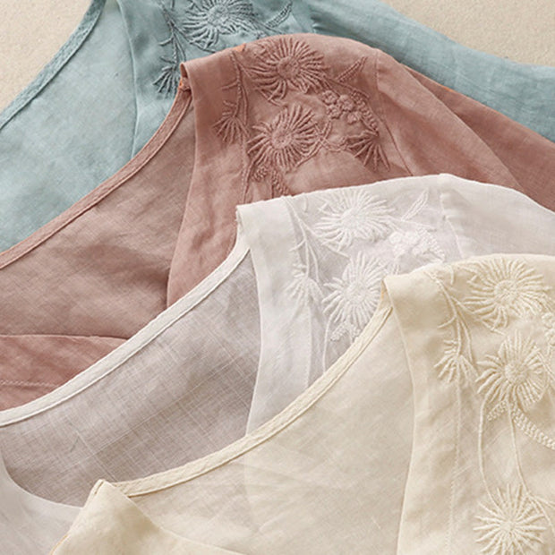 Buddha Stones Embroiderd Front Button Design Women's Cotton Three Quarter Sleeve Shirt