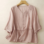 Buddha Stones Embroiderd Front Button Design Women's Cotton Three Quarter Sleeve Shirt