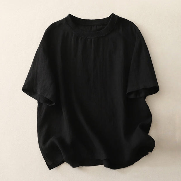 Buddha Stones Plain Threaded Crew Neck Design Women's Polyester Short Sleeves Shirt