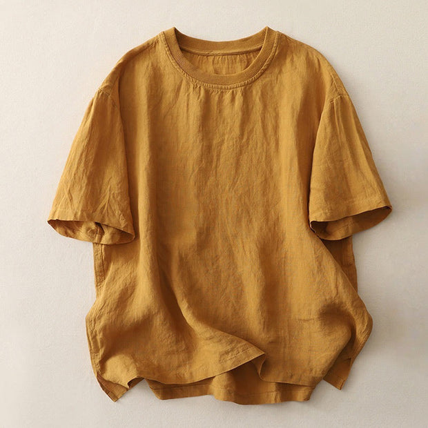 Buddha Stones Plain Threaded Crew Neck Design Women's Polyester Short Sleeves Shirt