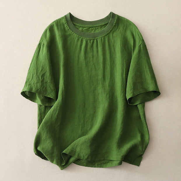 Buddha Stones Plain Threaded Crew Neck Design Women's Polyester Short Sleeves Shirt