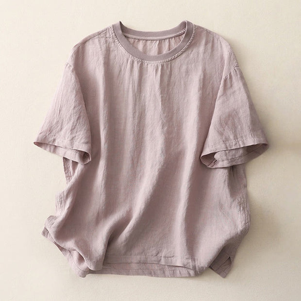 Buddha Stones Plain Threaded Crew Neck Design Women's Polyester Short Sleeves Shirt