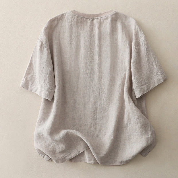 Buddha Stones Plain Threaded Crew Neck Design Women's Polyester Short Sleeves Shirt