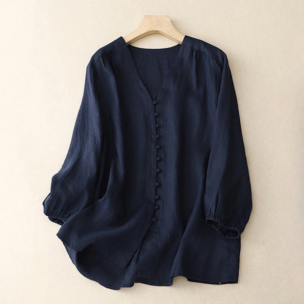 Buddha Stones V-Neck Design Women's Cotton Linen Long Sleeve Shirt