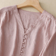 Buddha Stones V-Neck Design Women's Cotton Linen Long Sleeve Shirt