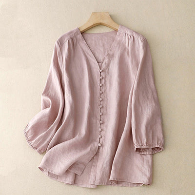 Buddha Stones V-Neck Design Women's Cotton Linen Long Sleeve Shirt