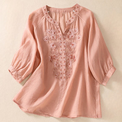 Buddha Stones Embroiderd Design Women's Cotton Linen Three Quarter Sleeve Shirt