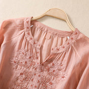 Buddha Stones Embroiderd Design Women's Cotton Linen Three Quarter Sleeve Shirt