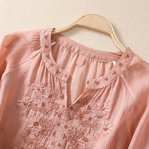 Buddha Stones Embroiderd Design Women's Cotton Linen Three Quarter Sleeve Shirt