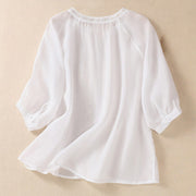 Buddha Stones Embroiderd Design Women's Cotton Linen Three Quarter Sleeve Shirt