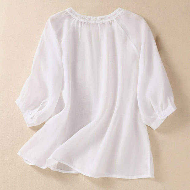 Buddha Stones Embroiderd Design Women's Cotton Linen Three Quarter Sleeve Shirt