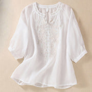 Buddha Stones Embroiderd Design Women's Cotton Linen Three Quarter Sleeve Shirt