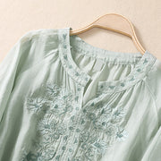 Buddha Stones Embroiderd Design Women's Cotton Linen Three Quarter Sleeve Shirt