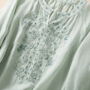 Buddha Stones Embroiderd Design Women's Cotton Linen Three Quarter Sleeve Shirt