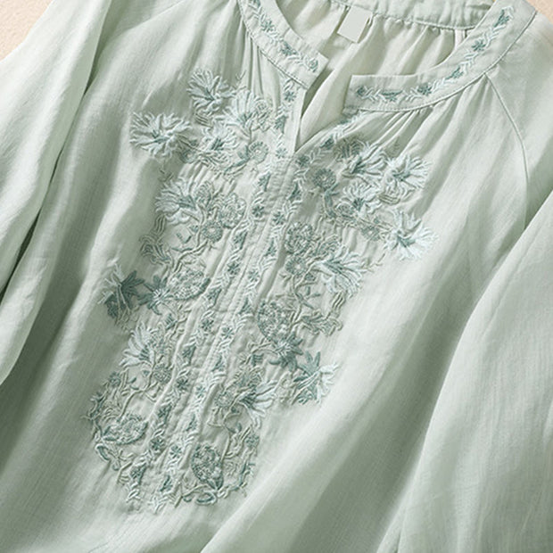 Buddha Stones Embroiderd Design Women's Cotton Linen Three Quarter Sleeve Shirt