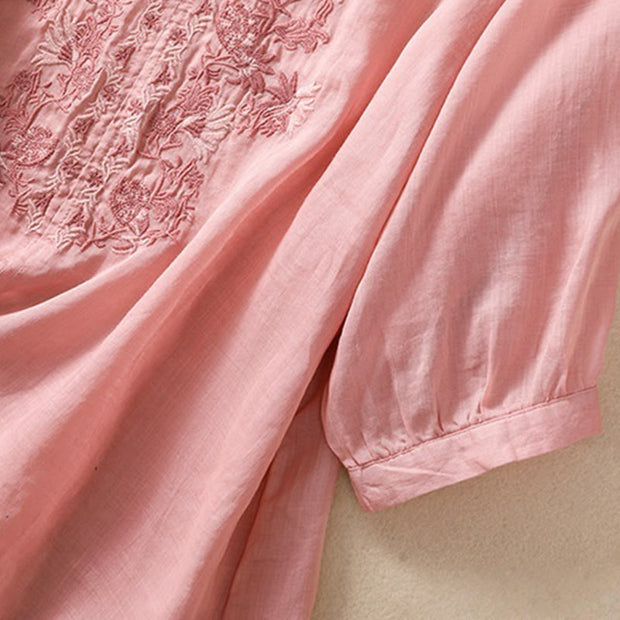 Buddha Stones Embroiderd Design Women's Cotton Linen Three Quarter Sleeve Shirt