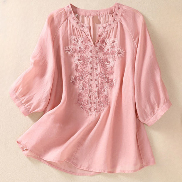Buddha Stones Embroiderd Design Women's Cotton Linen Three Quarter Sleeve Shirt