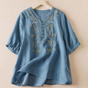 Buddha Stones Flower Leaf Embroidery Design Women's Cotton Linen Short Sleeve Shirt
