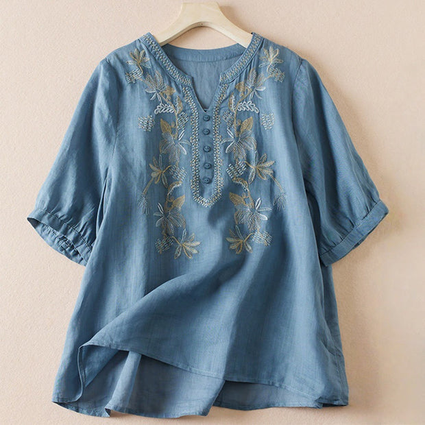 Buddha Stones Flower Leaf Embroidery Design Women's Cotton Linen Short Sleeve Shirt