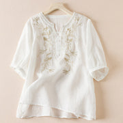 Buddha Stones Flower Leaf Embroidery Design Women's Cotton Linen Short Sleeve Shirt